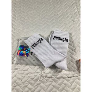 YoungLA White Crew Mens Socks With Black Logo Outdoor Wear long Fit Everyday NEW